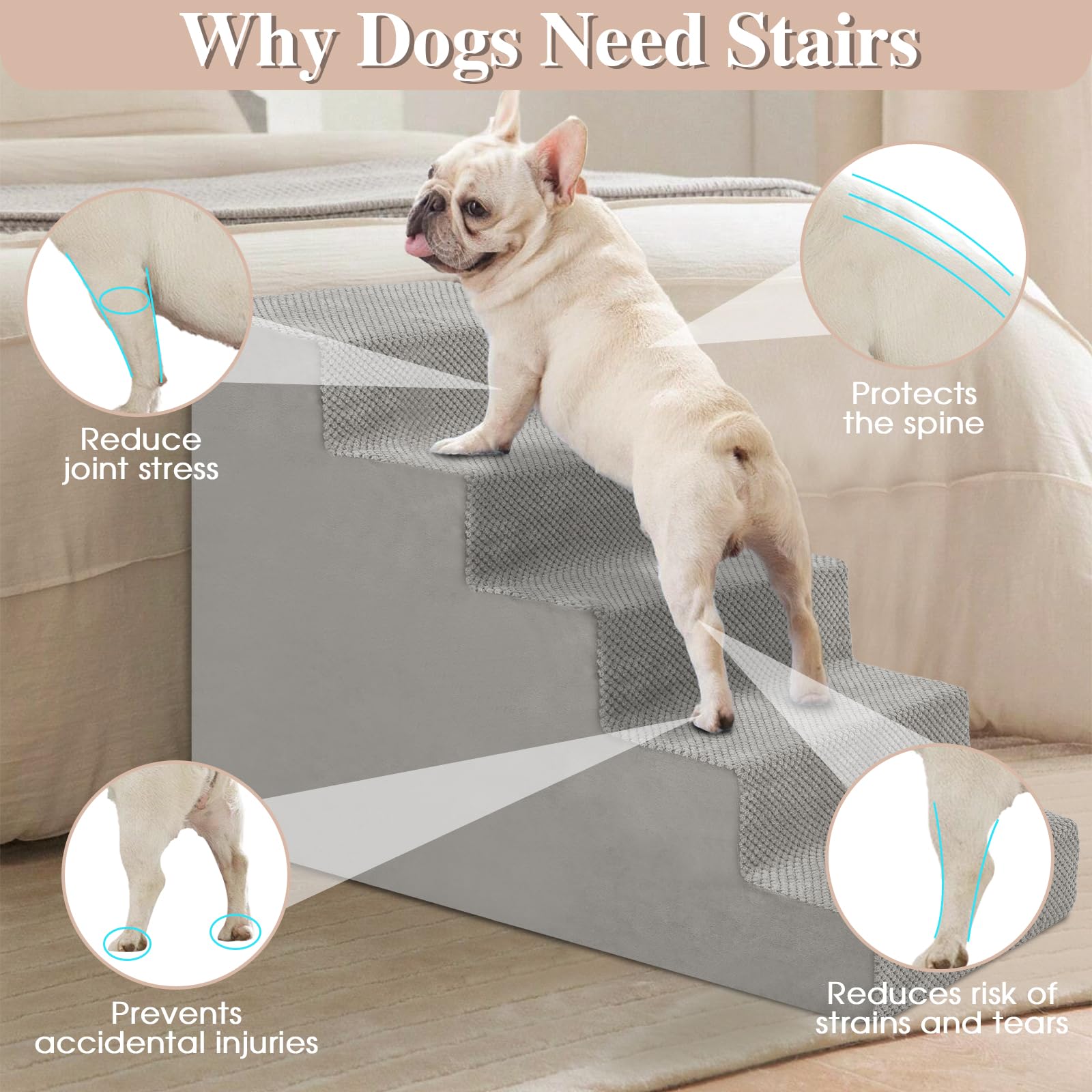 Ggib Dog Stairs For Small Dogs And Cats - Non-Slip Steps For High Bed, Sofa, Couch - Pet Ramp With Removable Washable Cover, Lig